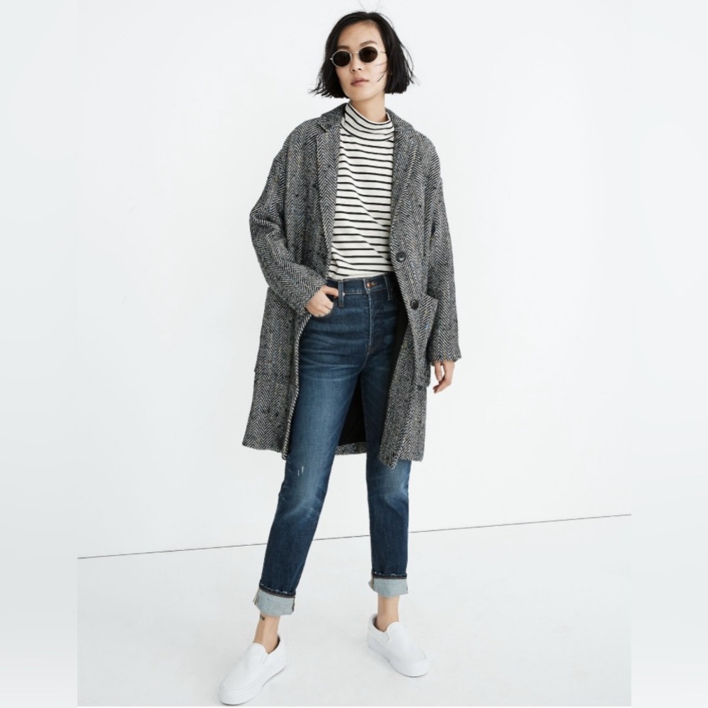 Madewell Elmcourt black & white fleck herringbone wool tweed blanket coat ~2XL+